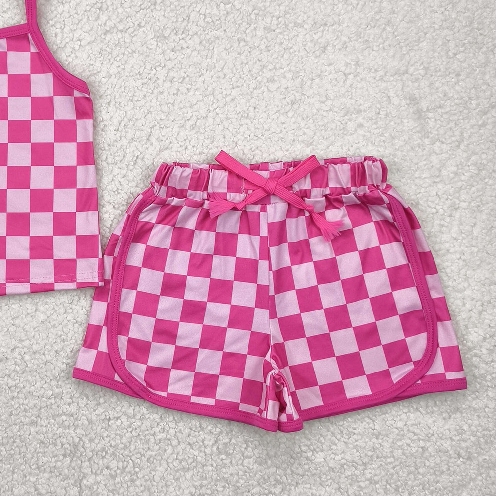 7.19 GSSO2336 RTS NO MOQ  Baby Girls Summer Outfits baby girls clothes plaid pink sleeveless shorts set