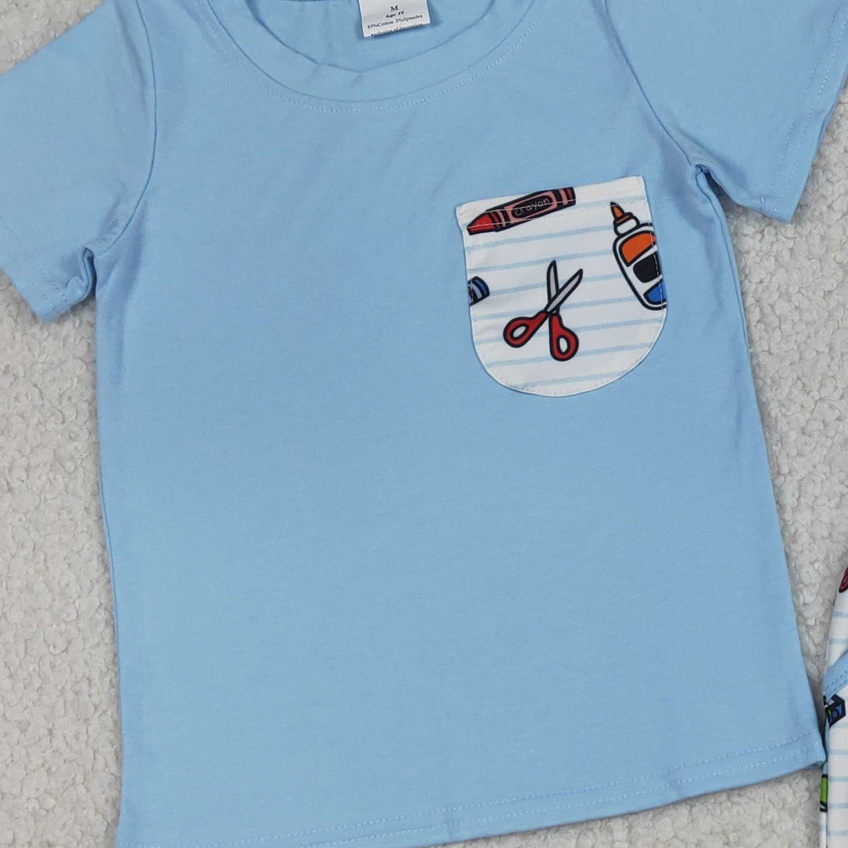 4.7 BSSO1921 RTS NO MOQ （In stock ）Baby Boys Apples Pencils Top Pockets Shorts Back to School Clothes Sets