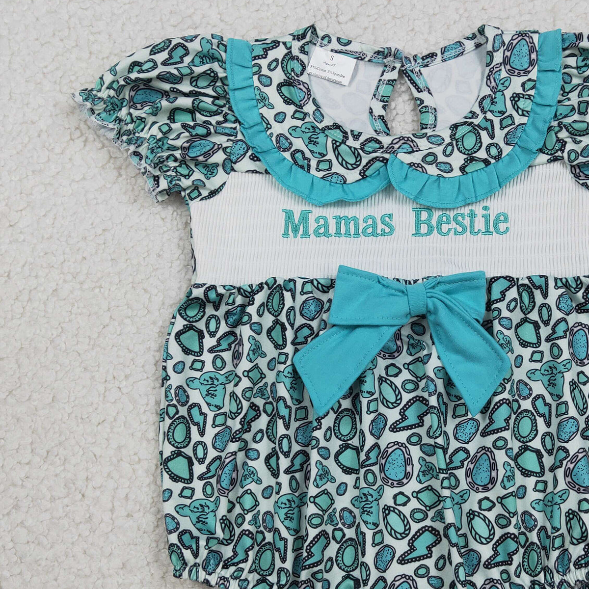 3.26 RTS NO MOQ （In stock）SR3863 Children's Fashion Romper Baby Girls Smocked Mama's Bestie Turquoises Collar Western Ruffle Rompers
