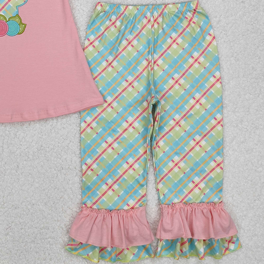 GSPO0974Girls Pink Floral Rabbit Tunic Ruffle Pants Outfit Easter Themed Children's Clothing Set