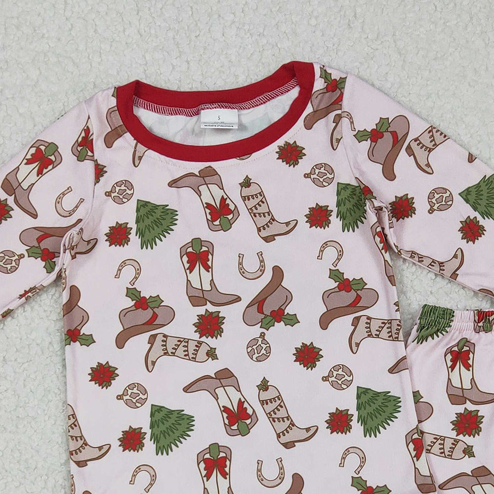 RTS NO MOQ （In stock）GLP2729 Baby Girls Winter Outfits Boots Holly Top Pant Christmas Pajamas Sets