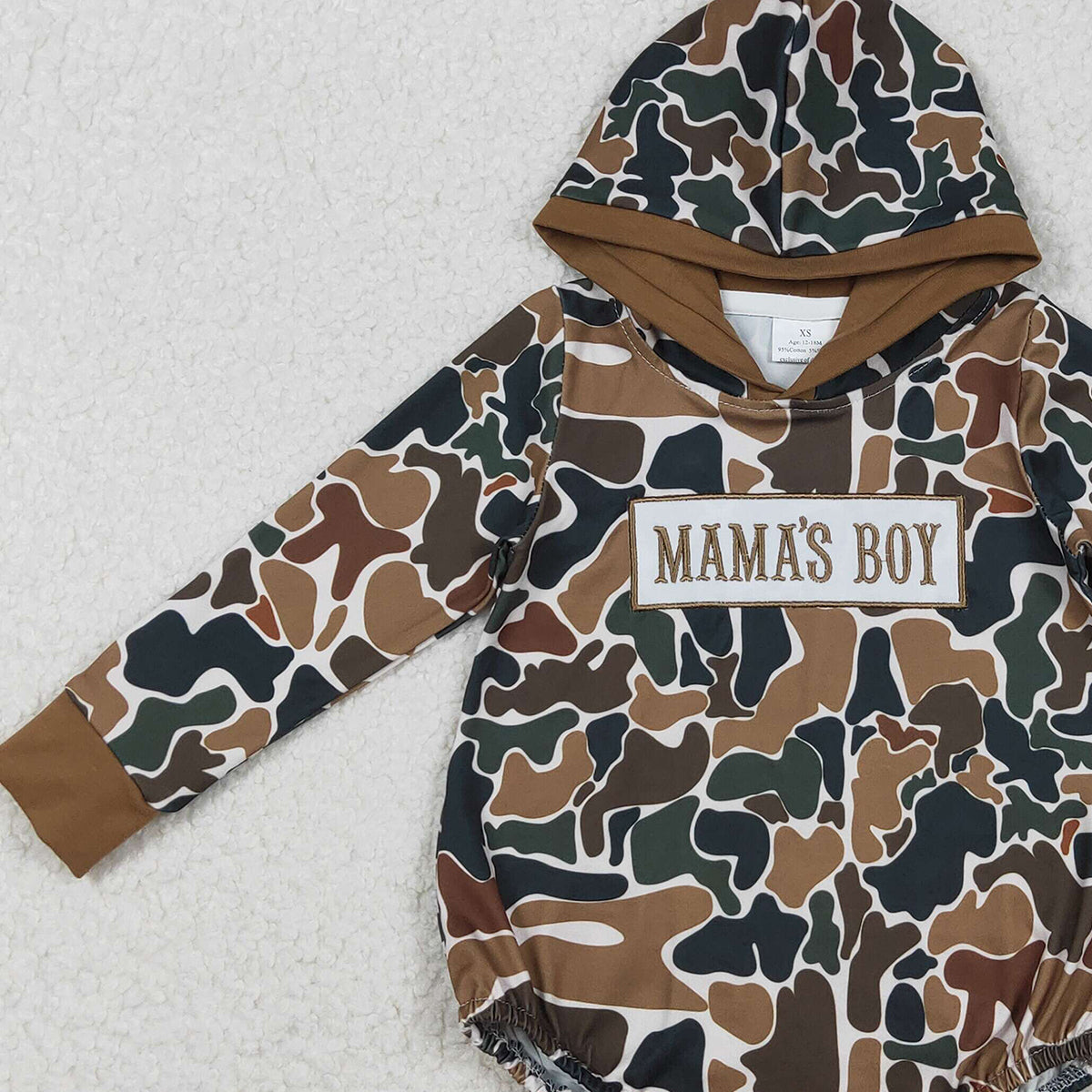 11.18 RTS NO MOQ （In stock）LR2796 Embroidery Mama's Boy Baby Boys Dark Brown Camo Hoodie Rompers