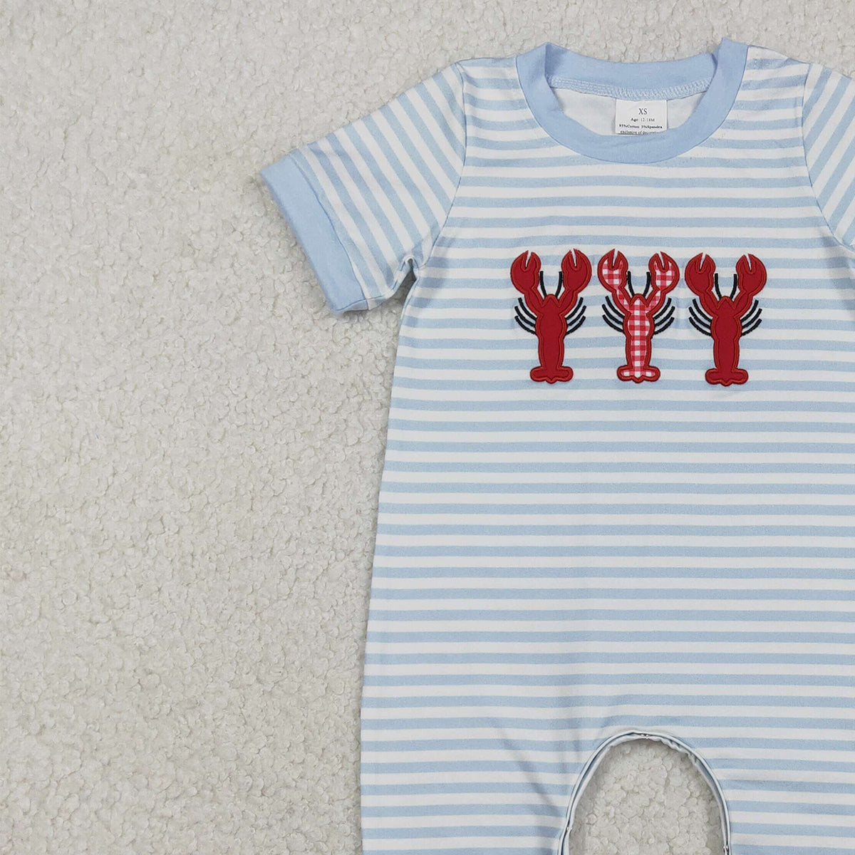 12.12 RTS NO MOQ （In stock）SR3333 Baby Boys Rompers Embroidery Crayfishes Baby Boys Grey Stripe Footie Rompers