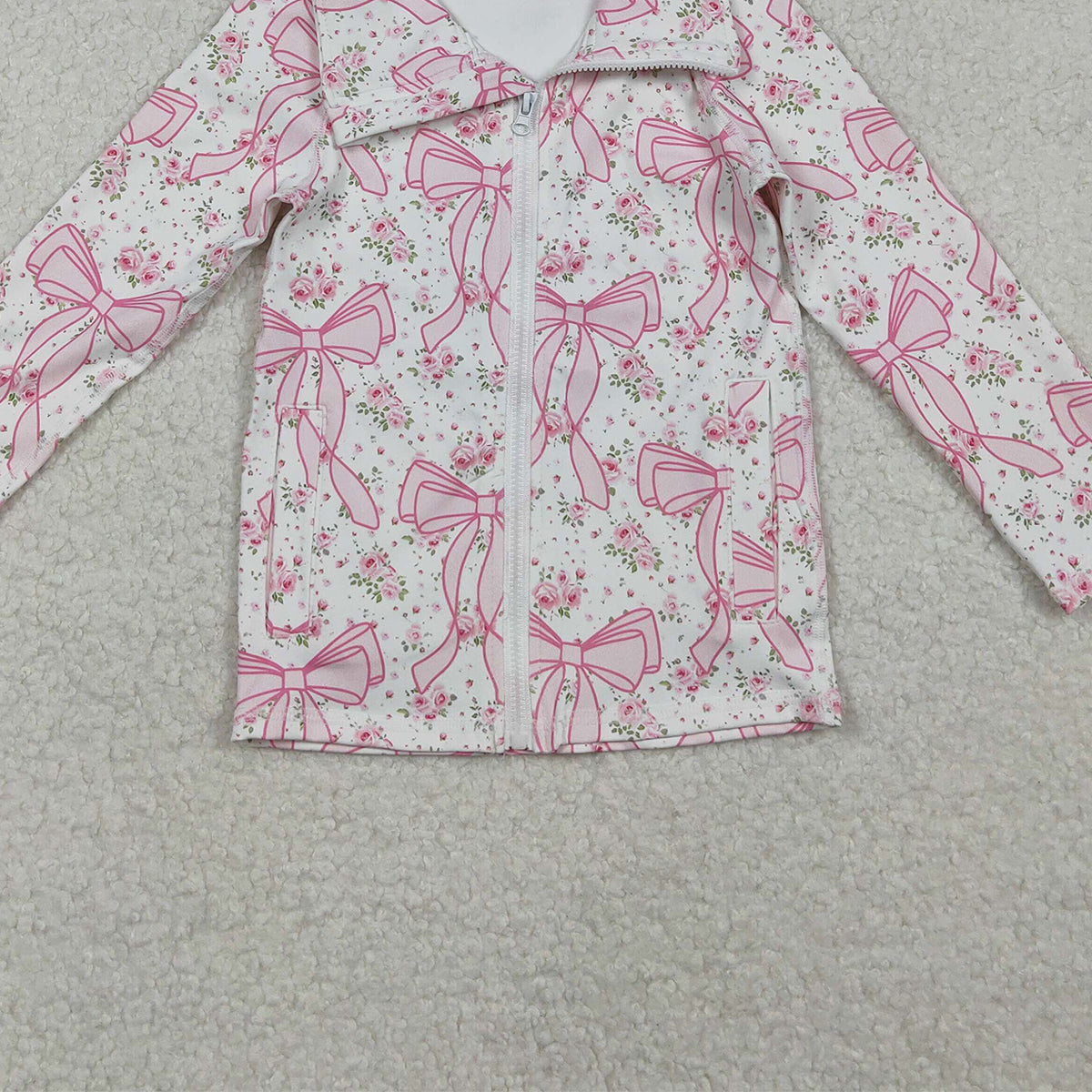 10.28 RTS NO MOQ （In stock）GT1082 Baby Girls Long Sleeve Tops Baby Girls Pink Floral Bows Plaid Zipper Pockets Yoga Active Jackets Top