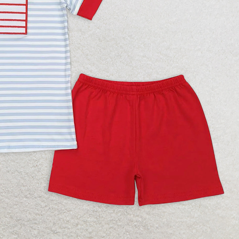 BSSO0684 RTS NO MOQ Baby Boys Summer Boys Outfits Embroidery  Baby Boys Flag Blue Stripes Shirt 4th Of July Shorts Clothes Sets