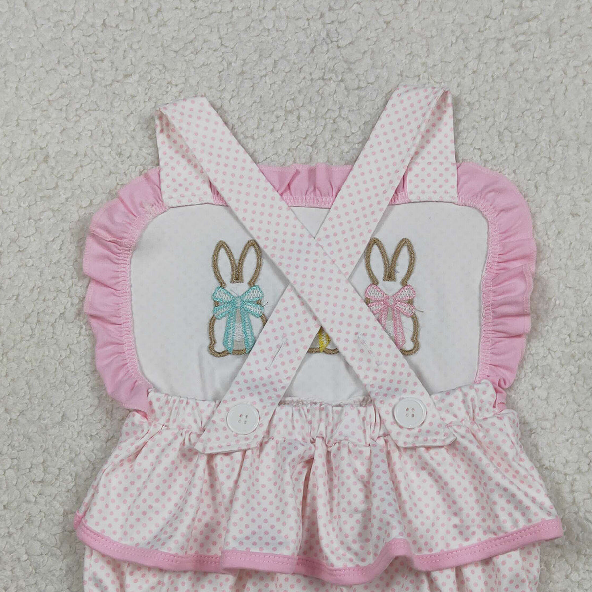 1.21 RTS NO MOQ （In stock）SR3477 Embroidery Rabbits Baby Girls Strap Polka Dots Easter Ruffle Rompers