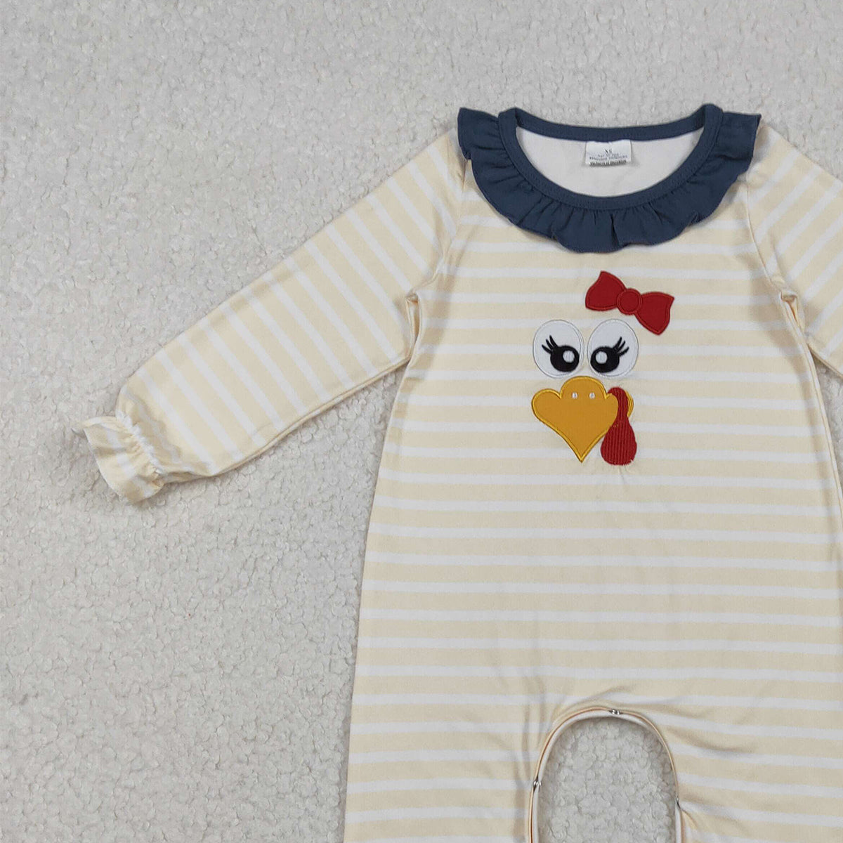10.13 RTS NO MOQ （In stock）LR2424 Baby Girls Winter Rompers Embroidery Turkey Baby Girls Stripe Thanksgiving Ruffle Footie Rompers