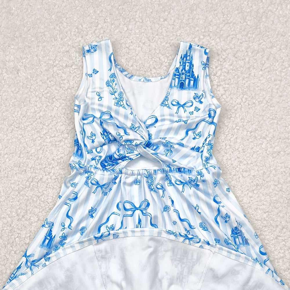 USA Shop (in stock)GSD2200 Baby Girls Summer Yoga Dress Light Blue Sleeveless Bow Castle Girls Athletic Dress Children's Cute Princess School Uniform Style Clothing for Girls