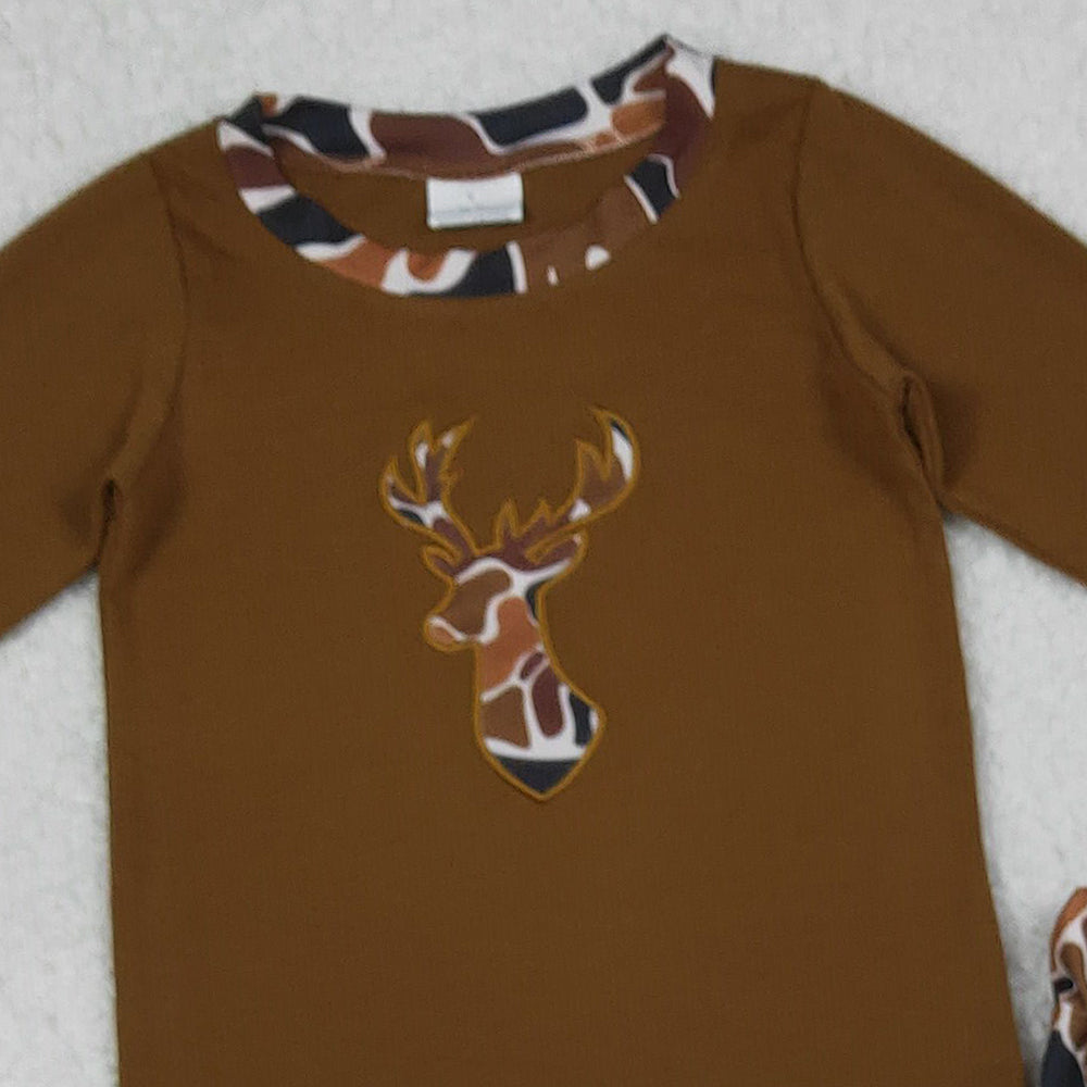 9.27 RTS NO MOQ （In stock）BLP1078  Baby Boys Winter Outfits Embroidery Camo Deer Baby Boys Brown Top Pockets Leggings Clothes Set