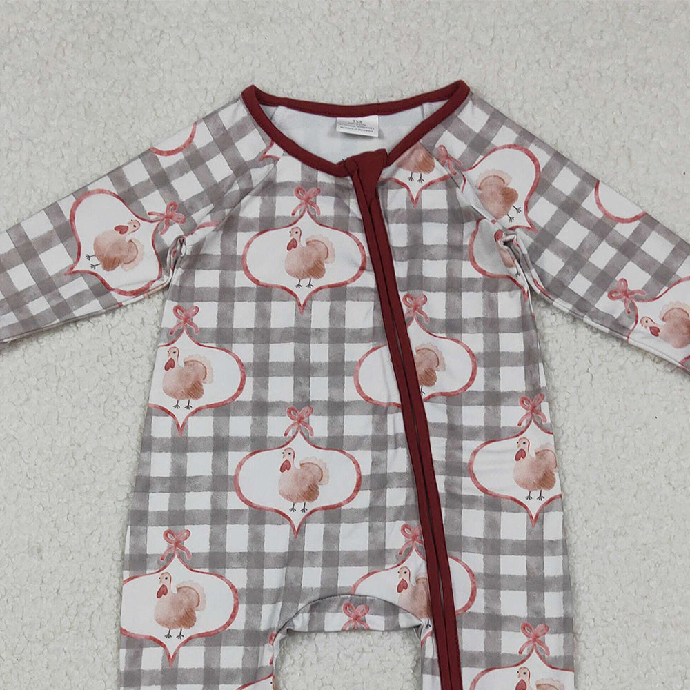 10.10 RTS NO MOQ （In stock）LR2691 Baby Boys Winter Rompers Baby Boys Turkey Checked Thanksgiving Zipper Footie Rompers