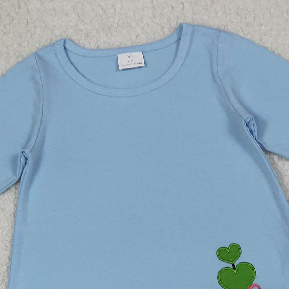 RTS NO MOQ （In stock）GLP2465 Baby Girls Winter Outfits Embroidery Bows Plants Blue Tunic Stripe Legging Sets