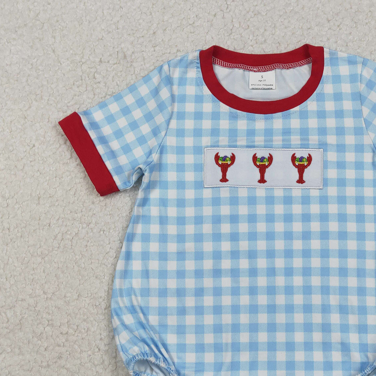 11.11 RTS NO MOQ （In stock）SR3257 Baby Boys Summer Rompers Embroidery Anchor Crayfishes Baby Boys Blue Checked Mardigras Rompers
