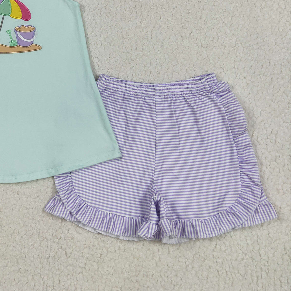 7.23 GSSO2553 RTS NO MOQ Baby Girls Summer Outfits Embroidery Baby Girls Flutter Sleeves Beach Tunic Lavender Stripe Short Set