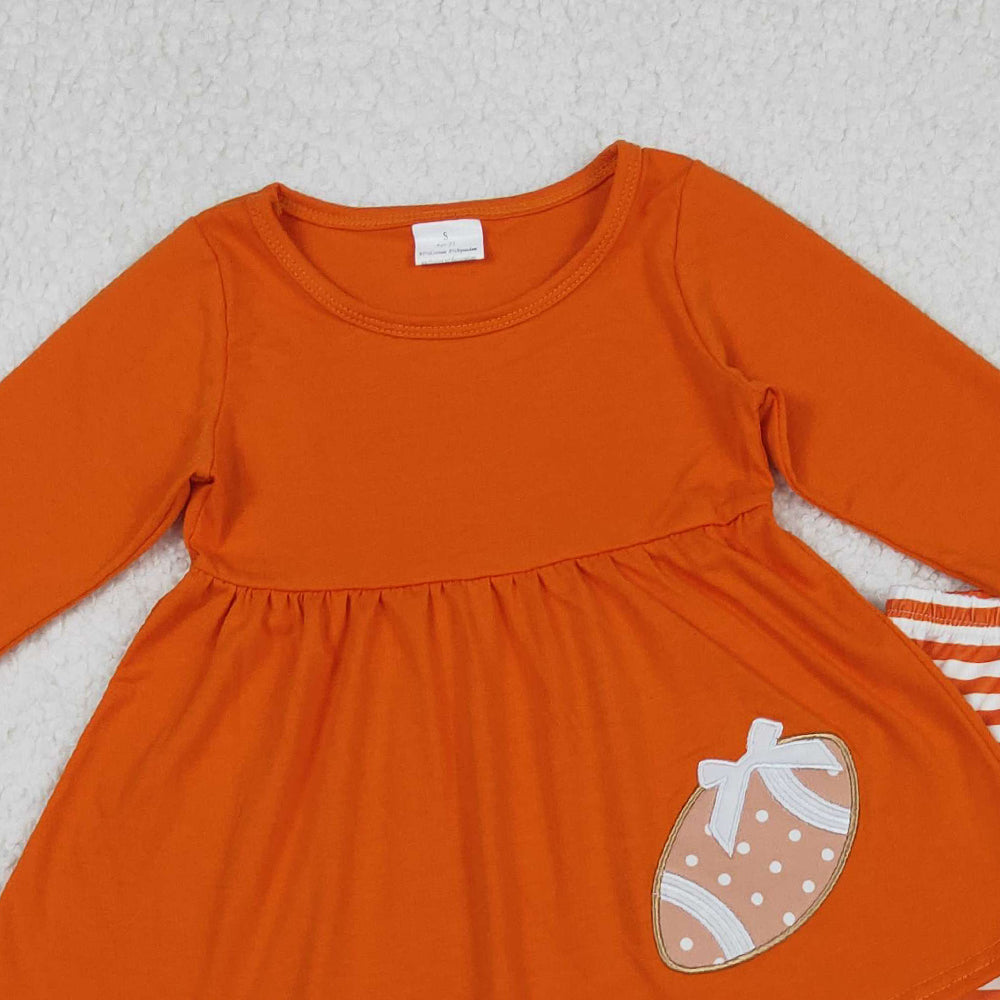 RTS NO MOQ （In stock）GLP1588 Baby Girls Winter Outfits Orange Long Sleeve Football Tunic with Stripe Leggings Set Sporty Outfit for Kids