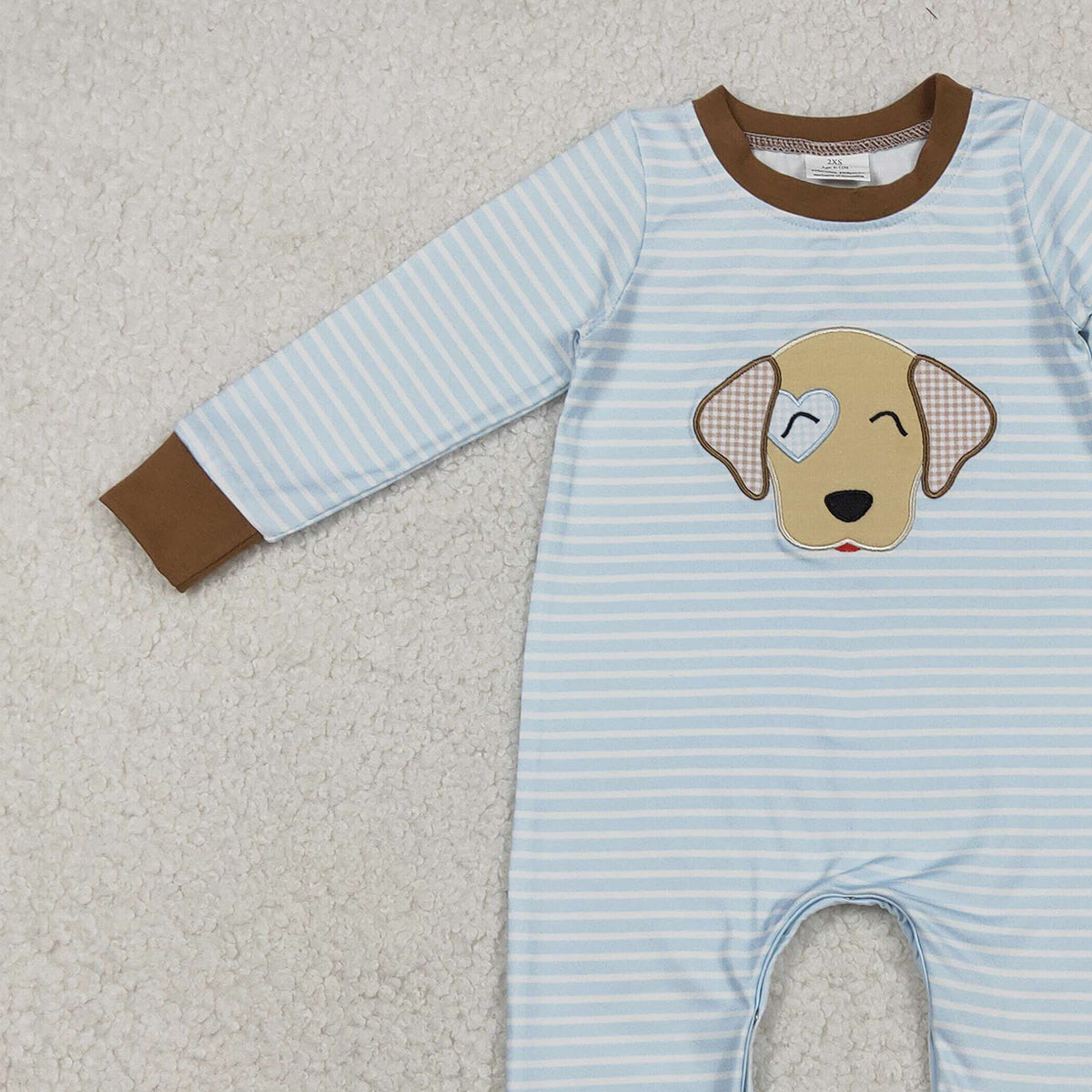 12.15 RTS NO MOQ （In stock）LR2659 Baby Boys Winter Rompers Embroidery Dog Baby Boys Blue Stripe Valentines Footie Rompers