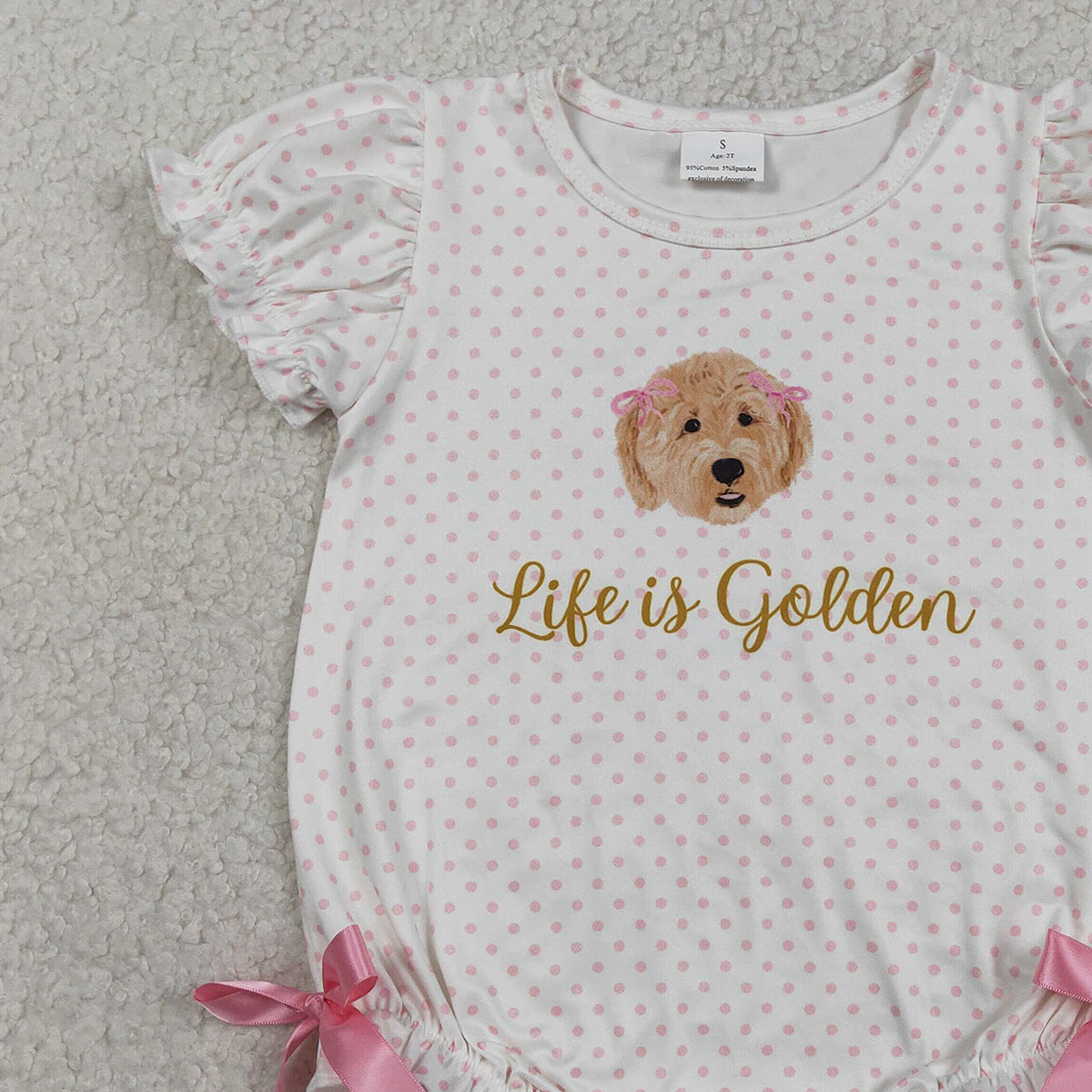 3.16 RTS NO MOQ （In stock）SR3779 Children's Fashion Romper Baby Girls Pink Polka Dots Dogs Life is Golden Ruffle Rompers