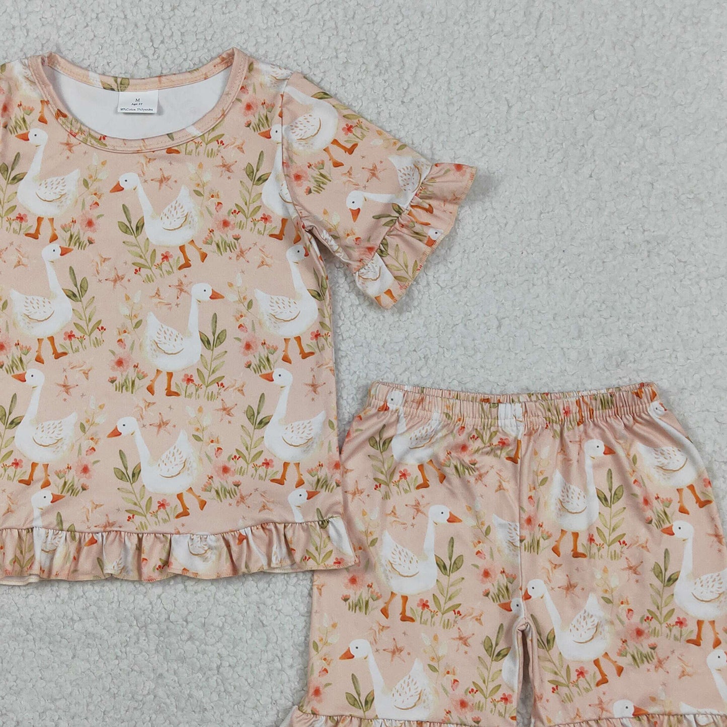 GSSO3329 RTS NO MOQ （In stock ）Ruffle short sleeves goose top shorts girl soutfits