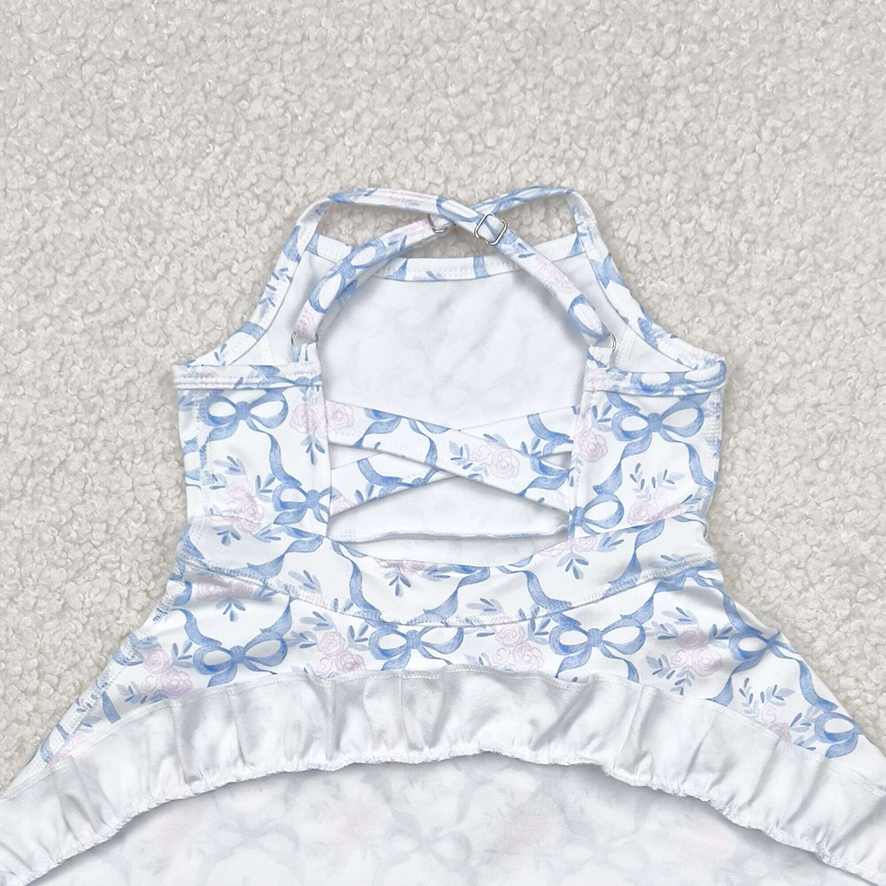 4.09 GSD2580 RTS NO MOQ Baby Girls Summer Dress Baby Girls Active Wear Blue Bow Pink Flower Yoga Dress