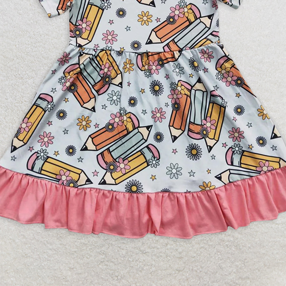 GSD0379 RTS NO MOQ Baby Girls Summer Dress Back to school pencil light blue pink hem short sleeve dress