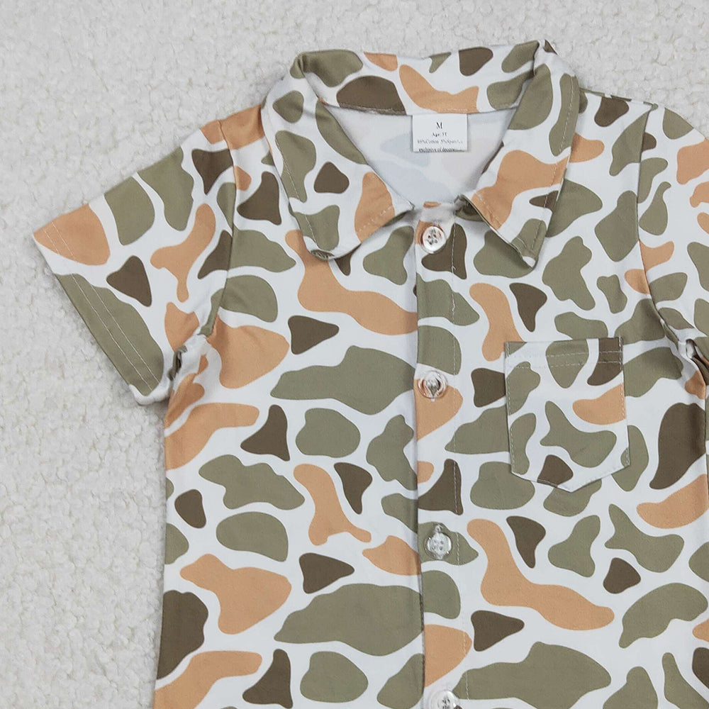 RTS NO MOQ （In stock）BT1312 Baby Boys Shorts Sleeve Tops Western Green Khaki Camouflage Button Pocket Shirt Top for Infants