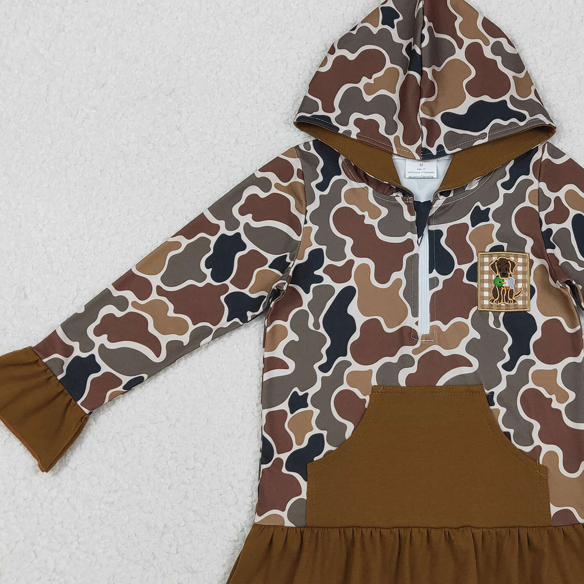 12.4 RTS NO MOQ （In stock）GT1132 Embroidery Dog Ducks Baby Girls Brown Camo Pocket Zip Hunting Hoodies Top