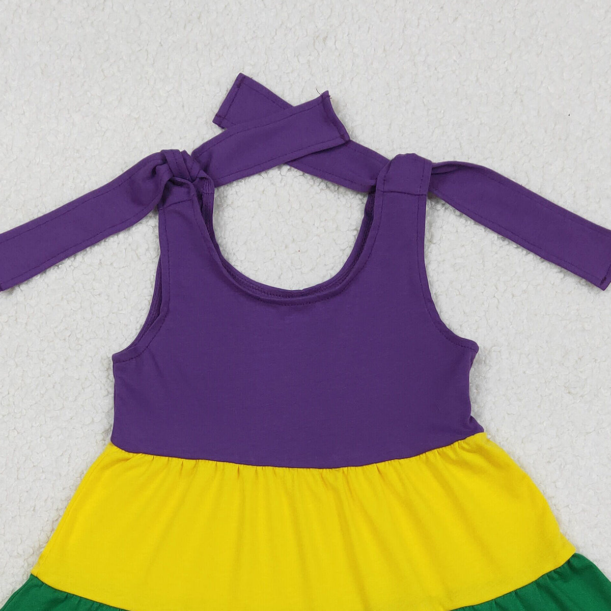 12.17 RTS NO MOQ （In stock）GSD2934 Baby Girls Bows Strap Mardigras Patchwork Ruffle Knee Length Dresses