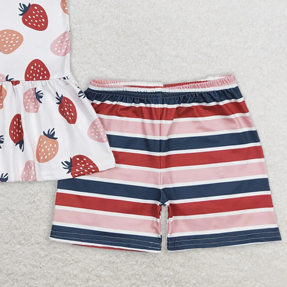 GSSO0505 RTS NO MOQ Baby Girls Summer Outfits Strawberry Beige Sleeveless Striped Shorts Set