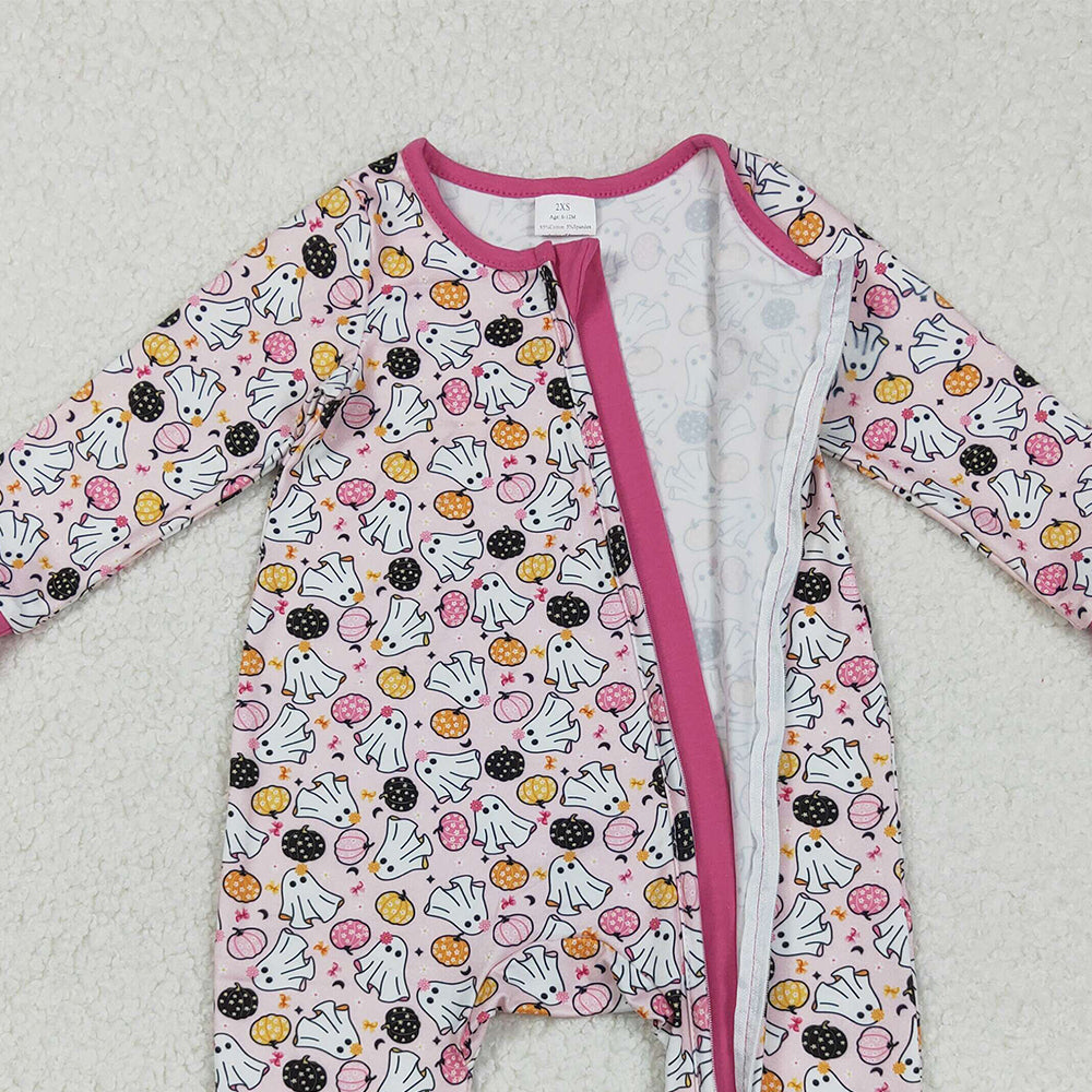 RTS NO MOQ （In stock）LR2506 Baby Girls Winter Rompers Halloween Footed Rompers Ghosts Pumpkins Design with Zipper for Infant Girls' Halloween Costume Clothing