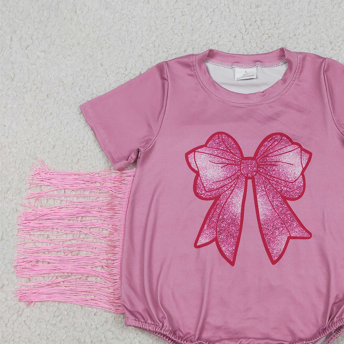 3.27 RTS NO MOQ （In stock）SR3187 Pink short sleeves tassels bow baby girls romper