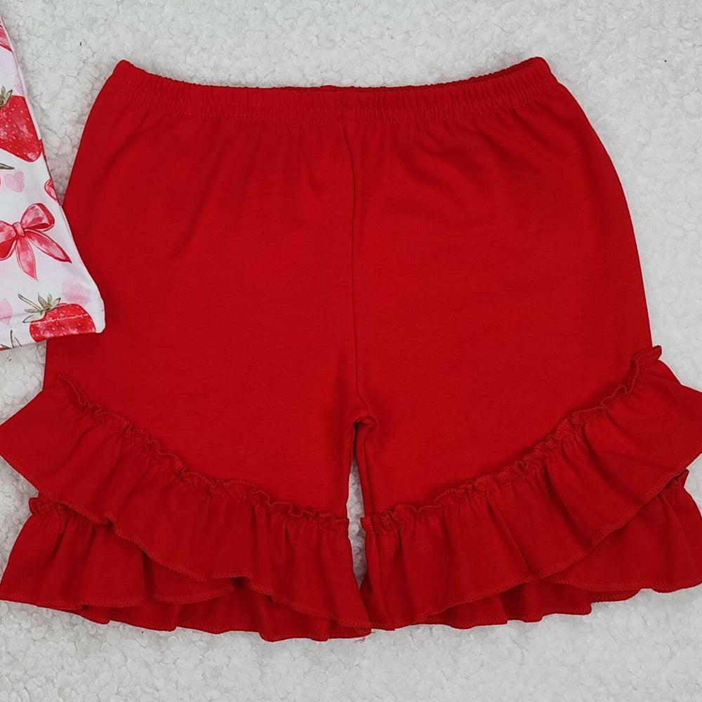 GSSO1902RTS NO MOQ Baby Girls Summer Outfits  By Air Arrived it Flutter sleeves bow strawberry tunic shorts girls clothes