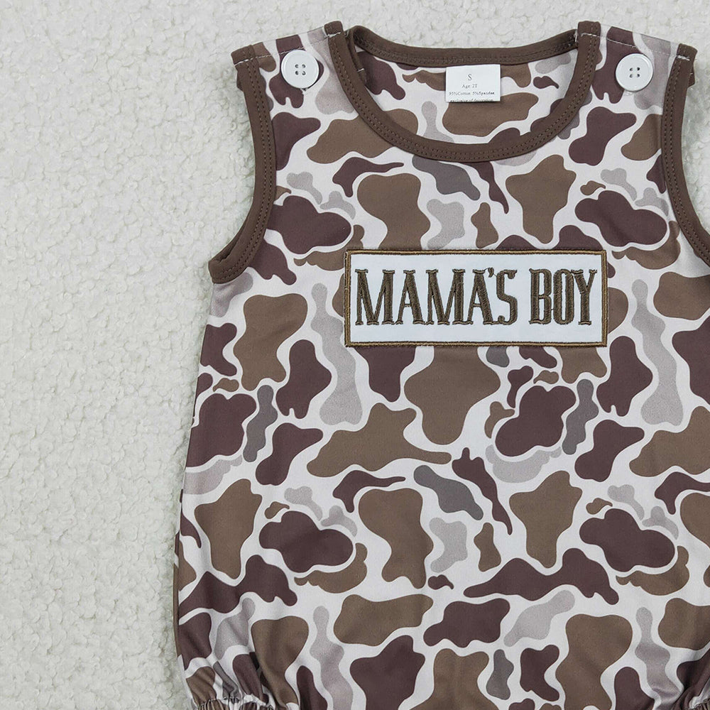 1.28 RTS NO MOQ （In stock）SR3889 Embroidery Mama's Boy Southern Brown Camo Sleeveless Rompers
