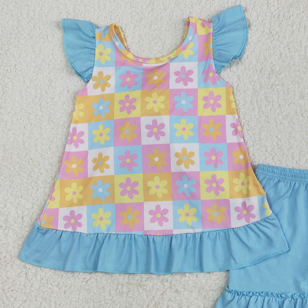 7.01 GSSO2623RTS NO MOQ Baby Girls Summer Outfits Baby Girls Blue Flutter Sleeves Flowers Plaid Tunic Ruffle Shorts Set