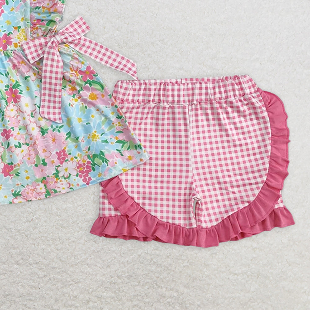 GSSO2111RTS NO MOQ Baby Girls Summer Outfits Baby Girls Ruffle Pink Plaid Bow Floral Summer Clothes Set Cute Toddler Outfit with Skirt And Top