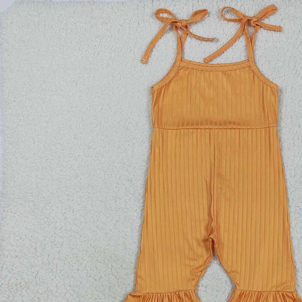 RTS NO MOQ （In stock）SR3162 Baby Girls Summer Jumpsuits Baby Girls Orange Strap Bell Bottom Ribbed Jumpsuits