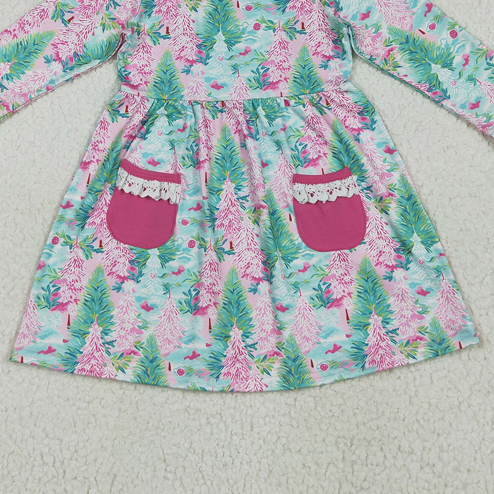 8.13  GLD1072RTS NO MOQ Baby Girls Winter Dress Baby Girls Long Ruffle Sleeves Trees Floral Pockets Knee Length Dress