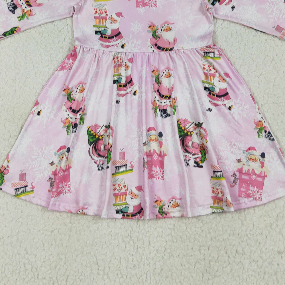 RTS NO MOQ （In stock）GLD0354 Baby Girls Winter Dress Baby Girls Christmas Pink Santa Present Knee Length Dresses