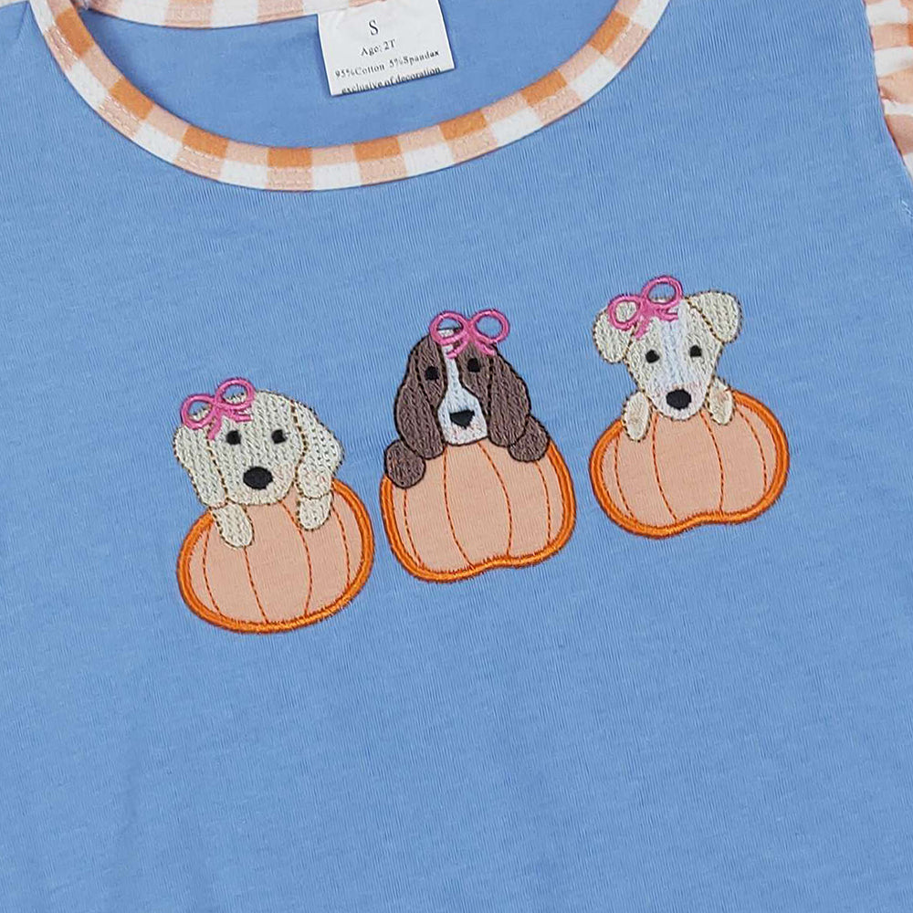 RTS NO MOQ （In stock）SR3191 Baby Girls Summer Rompers Embroidery Dogs Pumpkins Flutter Sleeves Fall Rompers