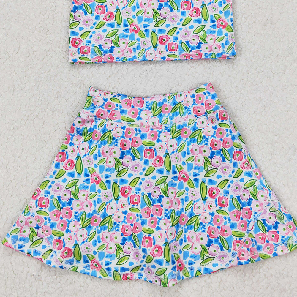 5.19  GSD1988  RTS NO MOQ Blue sleeveless floral top skirt girls activewear set