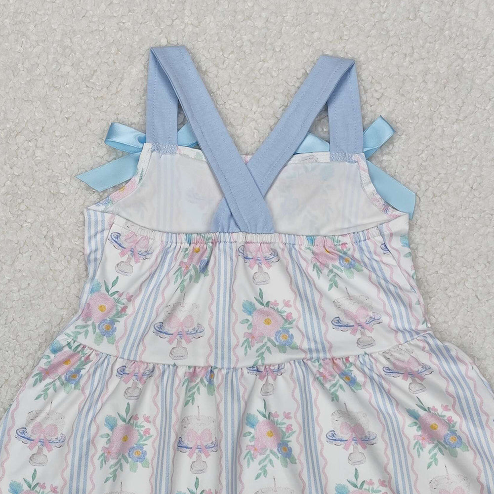 GSD1946Floral Cake Bow Girls Dress Straps Happy Birthday Girls Dresses Floral Cake Bow Design Party Wear for Girls