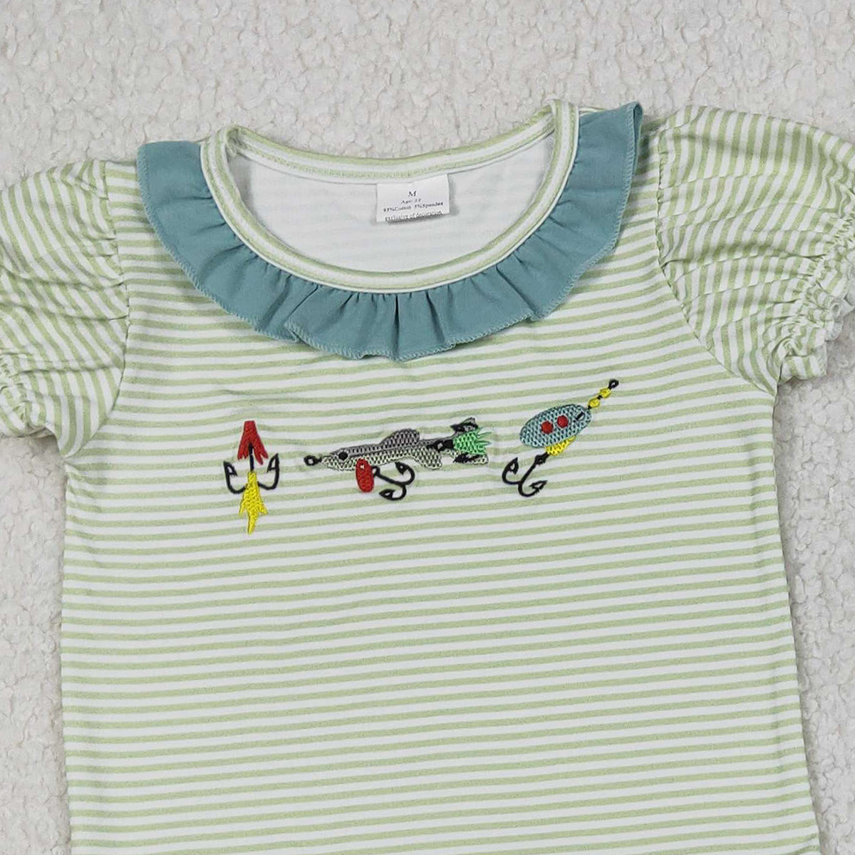 12.23 RTS NO MOQ （In stock）GSSO2792 Embroidery Fishing Baby Girls Stripe Collar Tunic Ruffle Shorts Hunting Clothes Sets