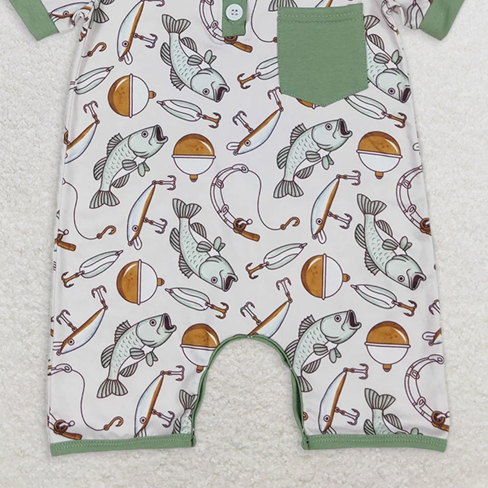 USA Shop (in stock)SR2472RTS NO MOQ Baby Boys Summer Rompers Baby Boys Short Sleeve Polo Romper with Pocket Fishing Theme Casual Outfit for Toddlers