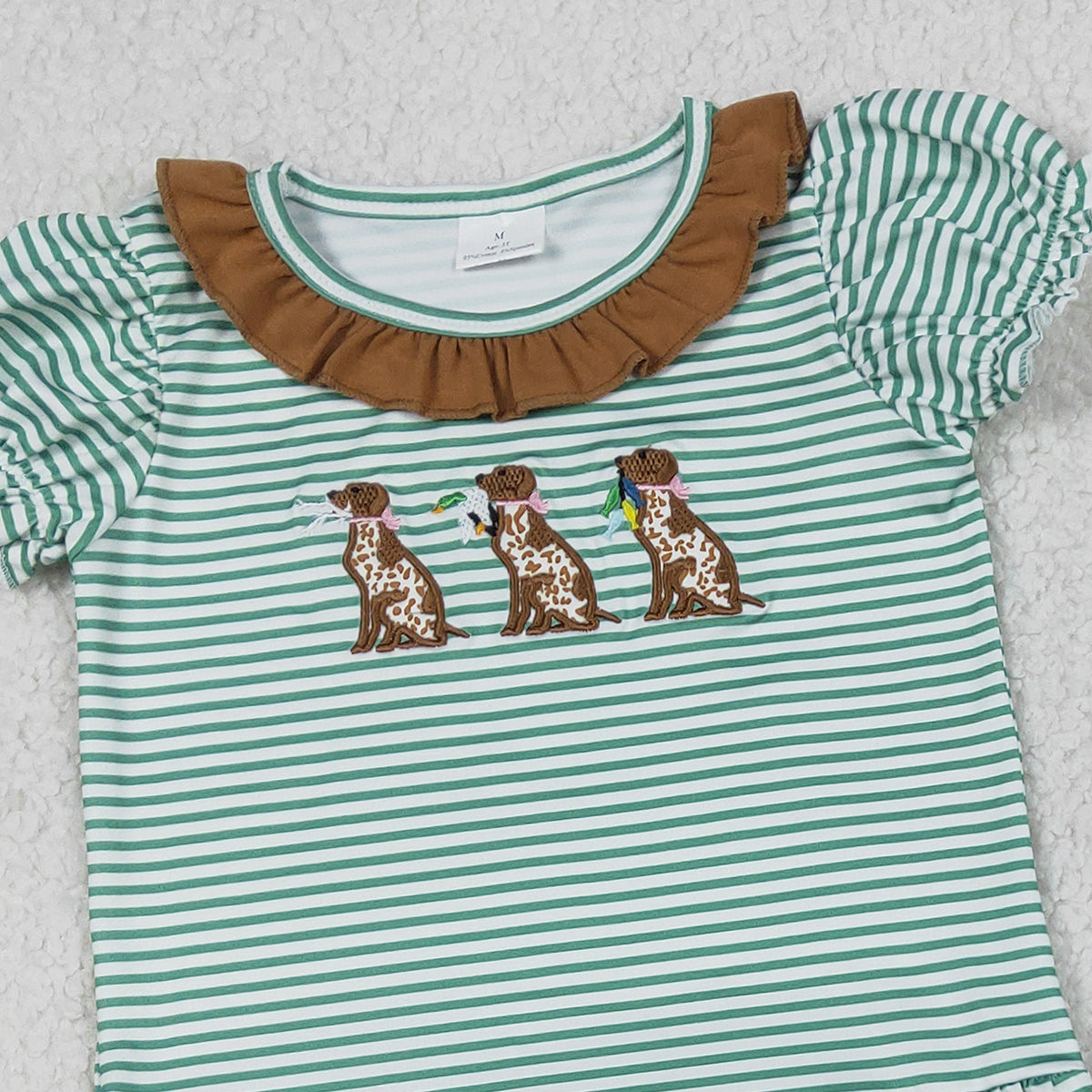 12.29 RTS NO MOQ （In stock）GSSO2793 Embroidery Ducks Dogs Baby Girls Stripe Collar Tunic Ruffle Shorts Hunting Clothes Sets