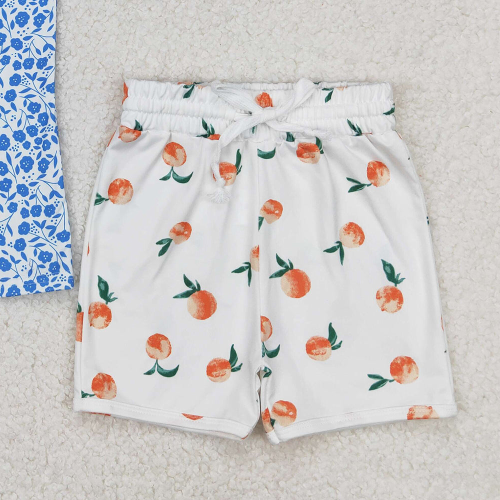 4.17 GSSO2355 RTS NO MOQ Sleeveless blue floral top peach shorts girls clothing set