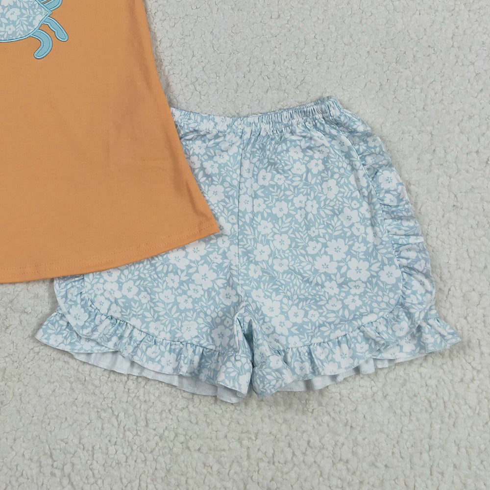 7.14 GSSO2555RTS NO MOQ Baby Girls Summer Outfits Embroidery Baby Girls Orange Crab Tunic Floral Ruffle Short Set