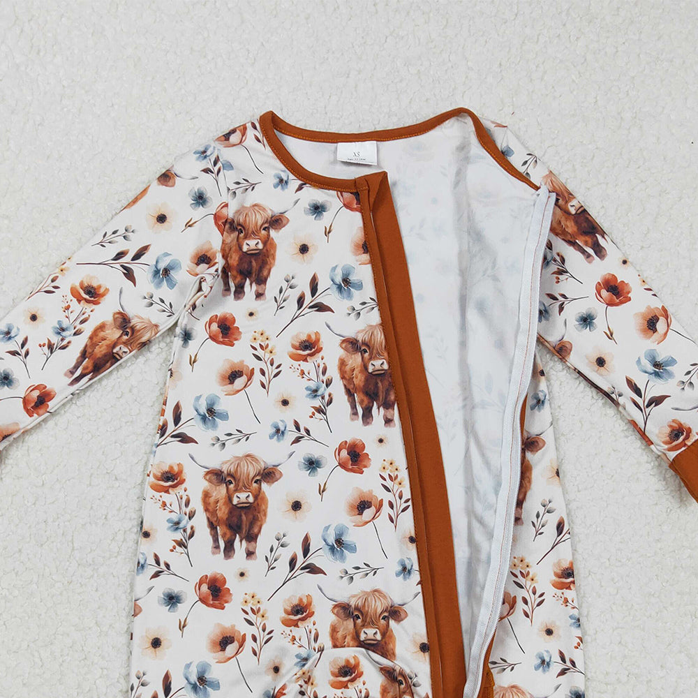 RTS NO MOQ （In stock）LR1624 Baby Girls Winter Rompers  Western Highland Cow Flowers Design Cute Baby Clothes