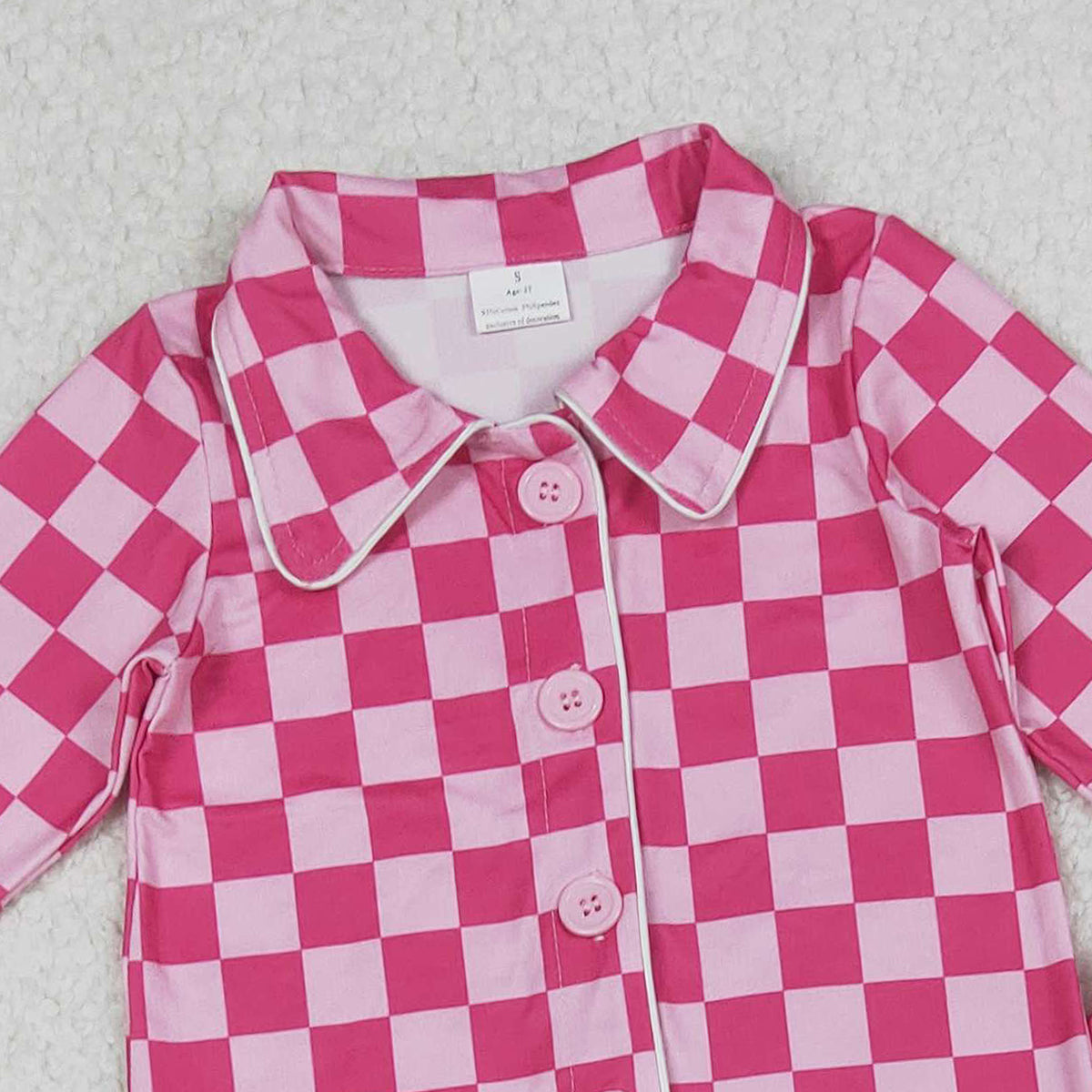 10.14 RTS NO MOQ （In stock）GLP1256 Baby Girls Dark Pink Checkered Buttons Top Pants Fur Pajamas Clothes Sets