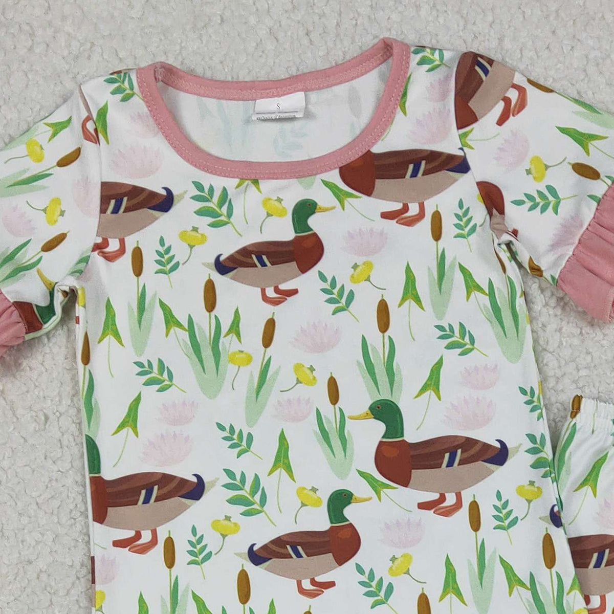 12.22 RTS NO MOQ （In stock）GSPO1252 Baby Girls Duck Floral Top Ruffle Pants Hunting Pajamas Sets
