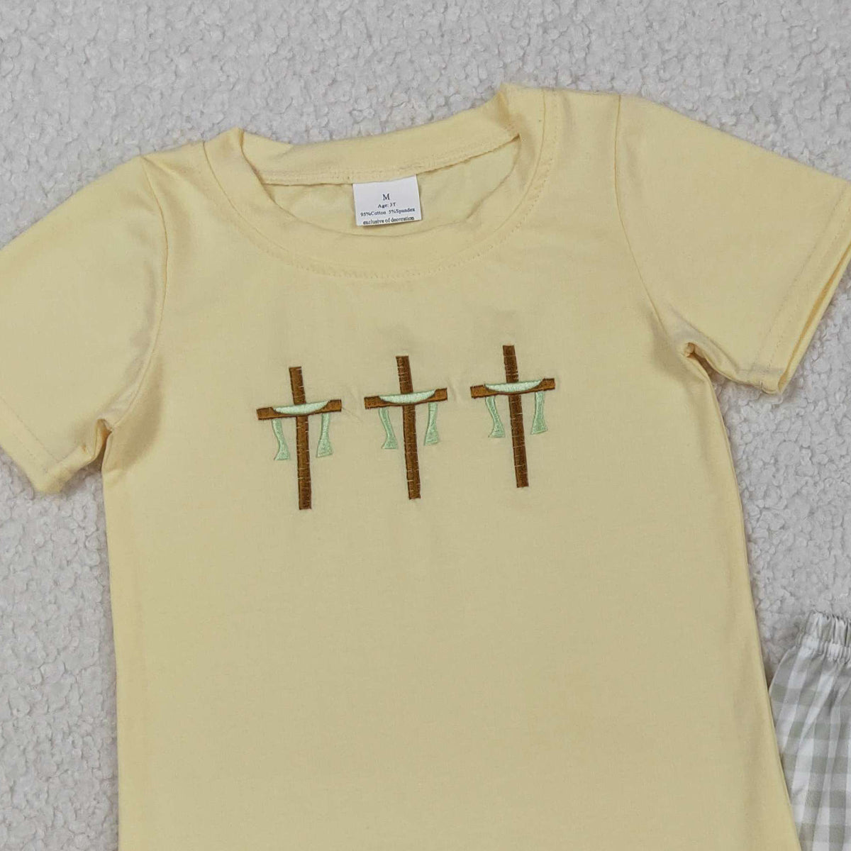 3.14 RTS NO MOQ （In stock）BSSO1717 Kids Clothing for Baby Boys Embroidery Short Sleeve Crosses Top Checked Shorts Easter Clothes Sets