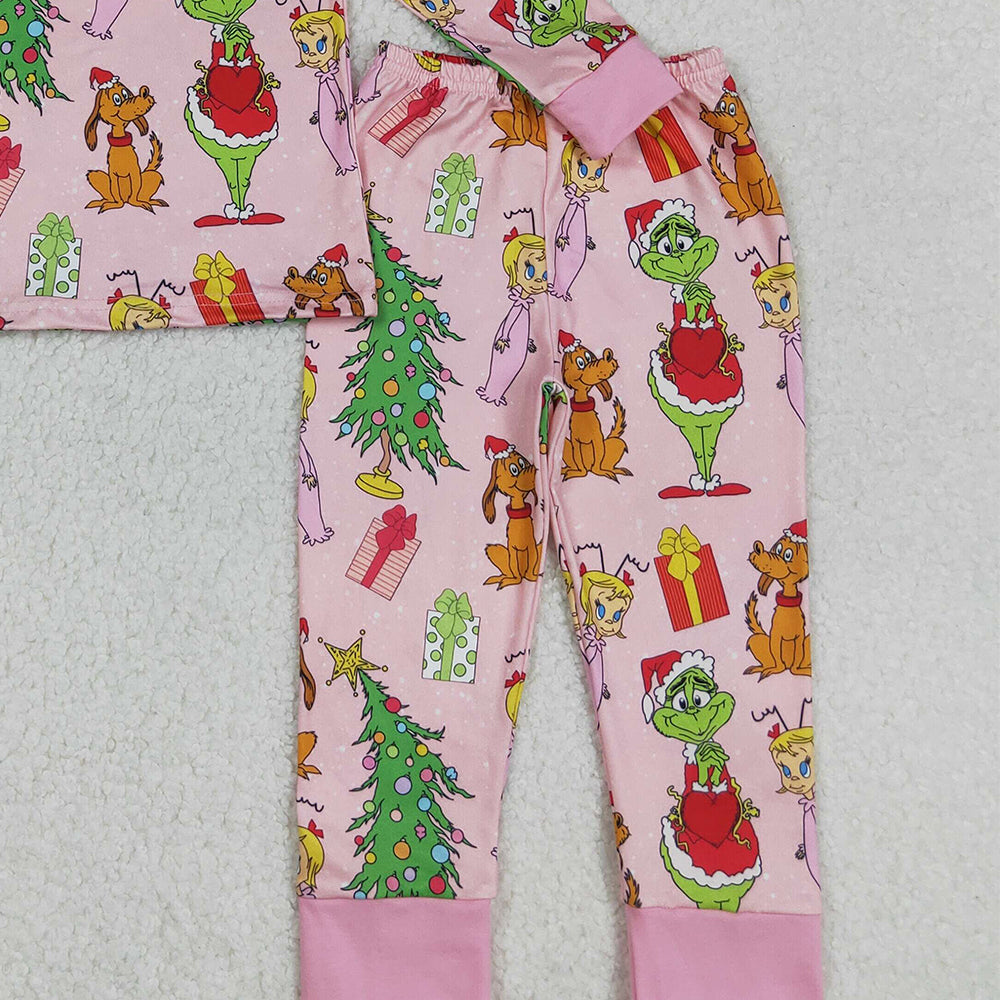 RTS NO MOQ （In stock）GLP2591 Baby Girls Winter Outfits Christmas Face Trees Gifts Top Pants Pajamas Sets
