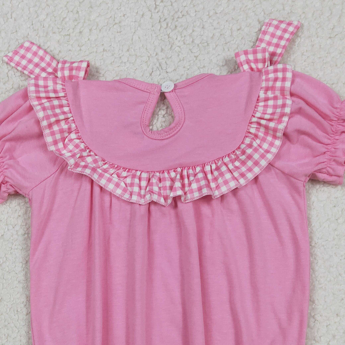 1.9 RTS NO MOQ （In stock）SR3250 Smocked Crosses Baby Girls Bows Short Sleeve Easter Ruffle Rompers